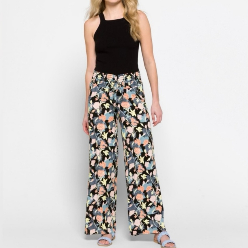 One 5 One Margery Floral Wide Leg Pant Women's L Multicolor Artsy Retro Boho